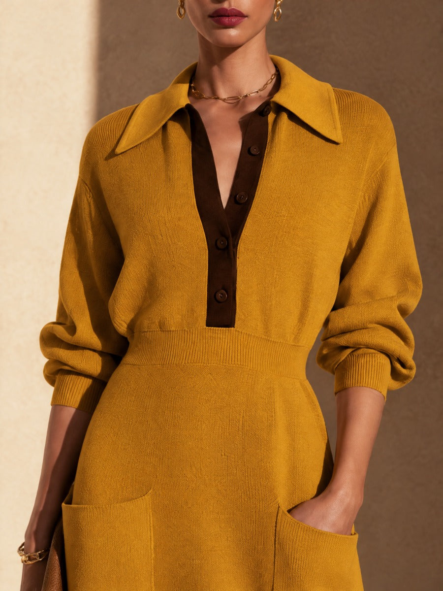 Women's Contrast Placket Collared Knit Midi Dress