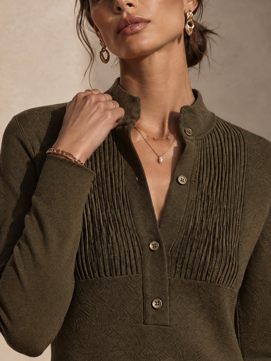 Women's Button Placket Ribbed Yoke Knit Mini Dress