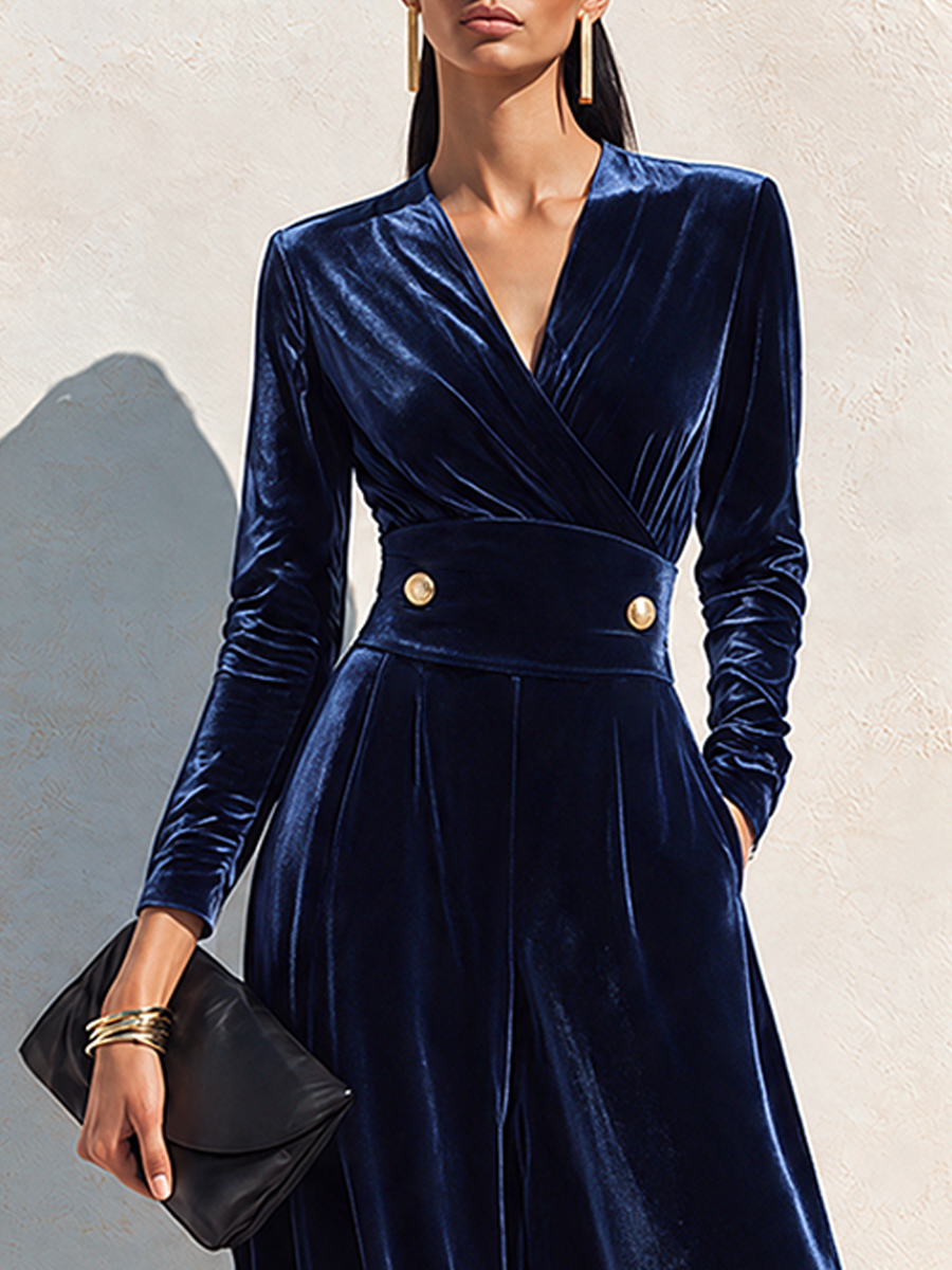 Women's Affordable Luxury Velvet Wide-Leg Jumpsuit With Defined Waist
