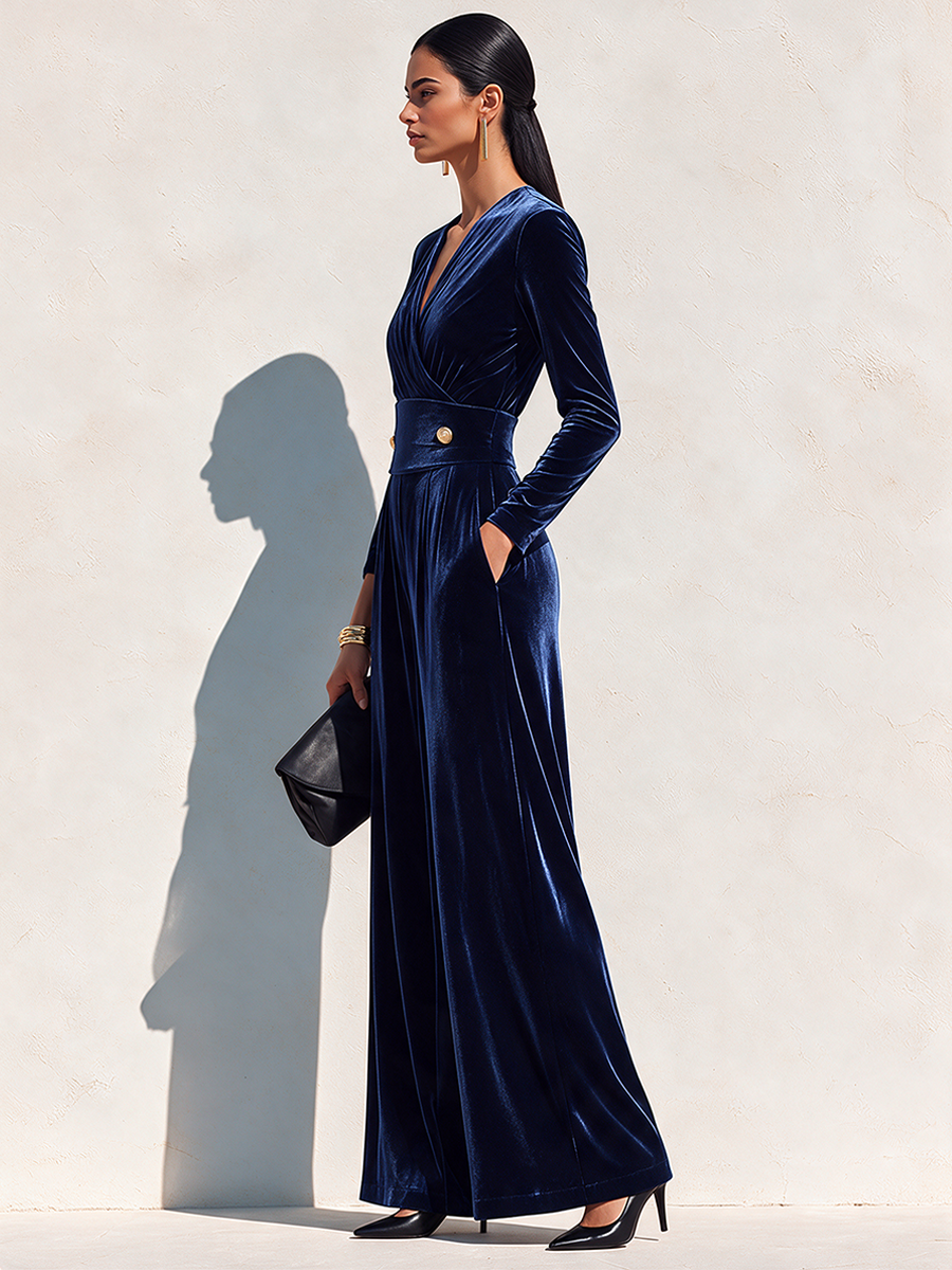 Women's Affordable Luxury Velvet Wide-Leg Jumpsuit With Defined Waist