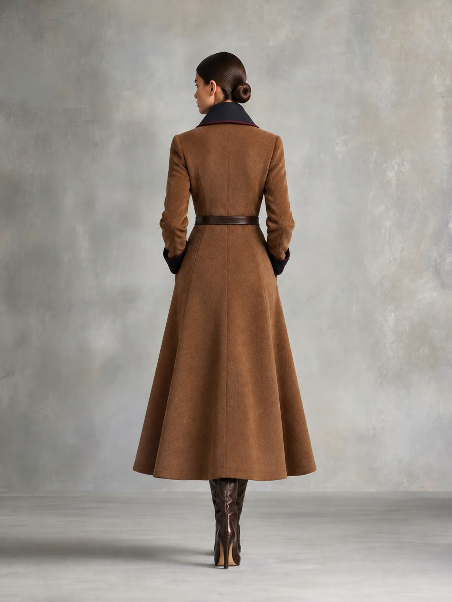 Women's Camel Brown Long Wrap Coat With Navy Contrast Shawl Collar