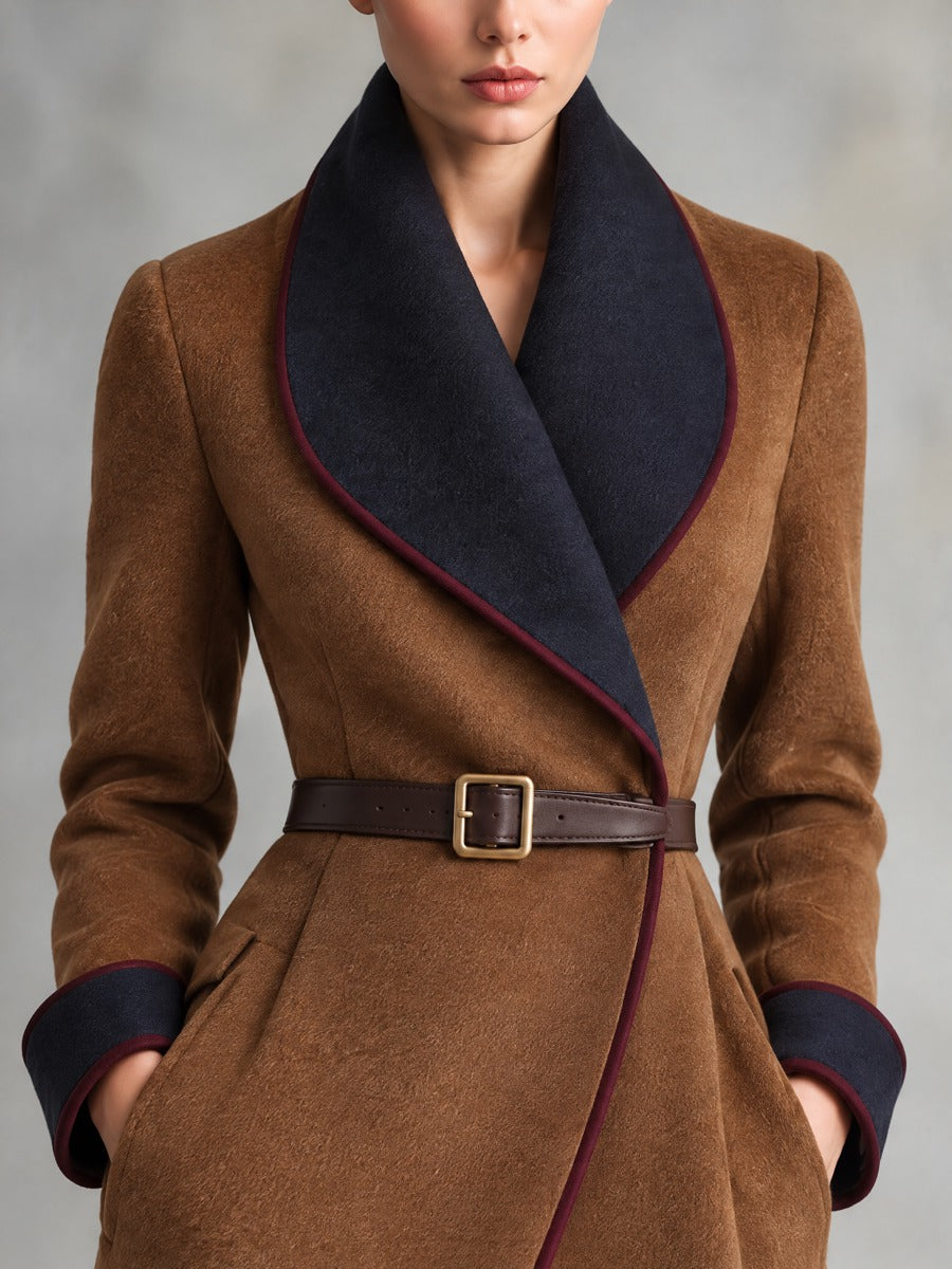 Women's Camel Brown Long Wrap Coat With Navy Contrast Shawl Collar