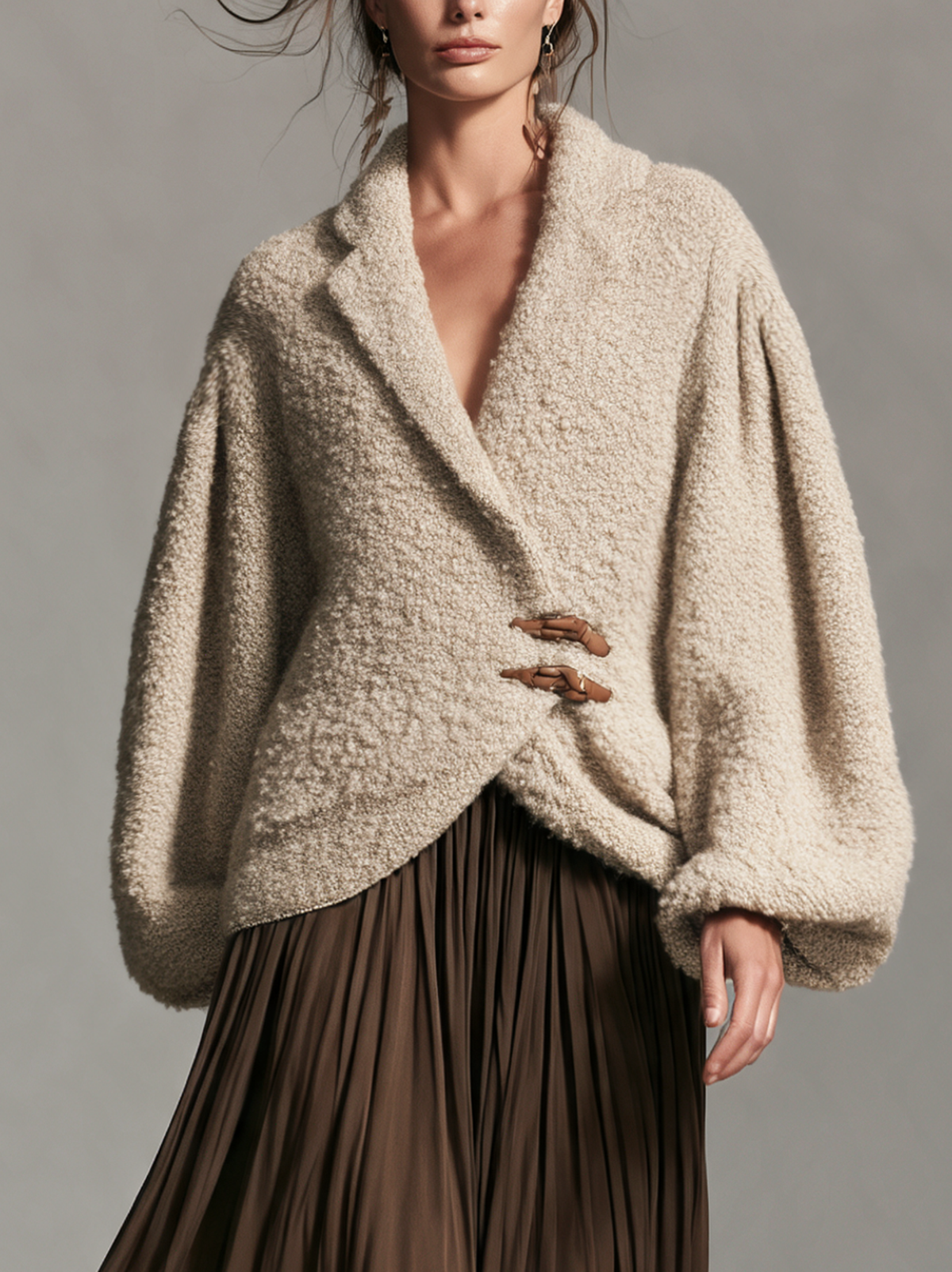 Women's Casual Beige Long-Sleeve Knit Jacket