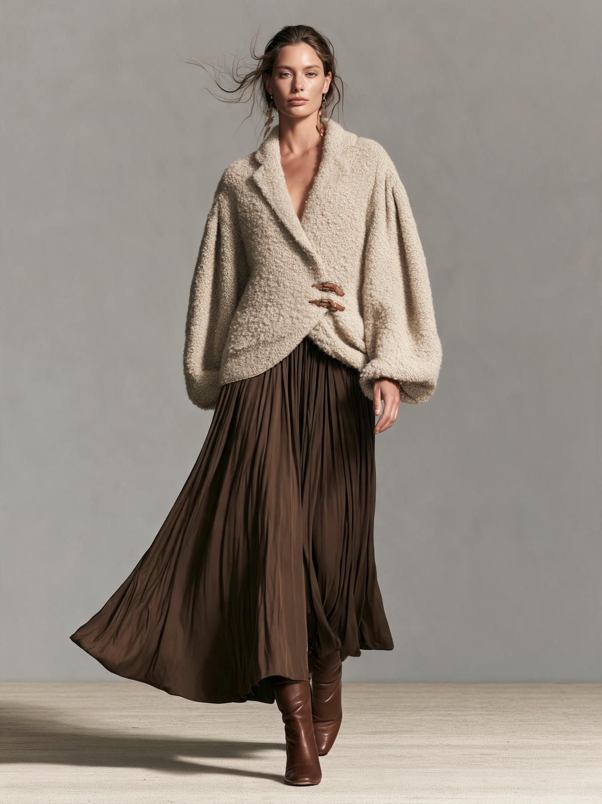 Women's Casual Beige Long-Sleeve Knit Jacket