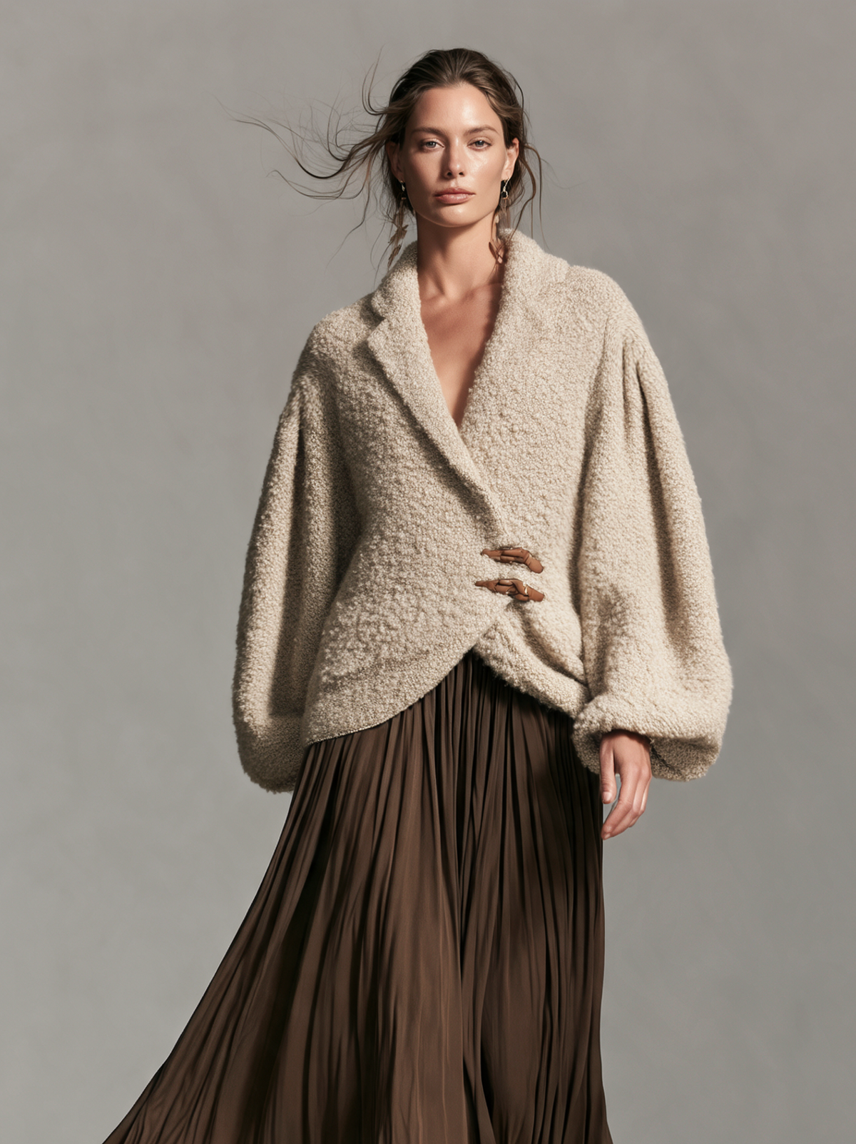 Women's Casual Beige Long-Sleeve Knit Jacket