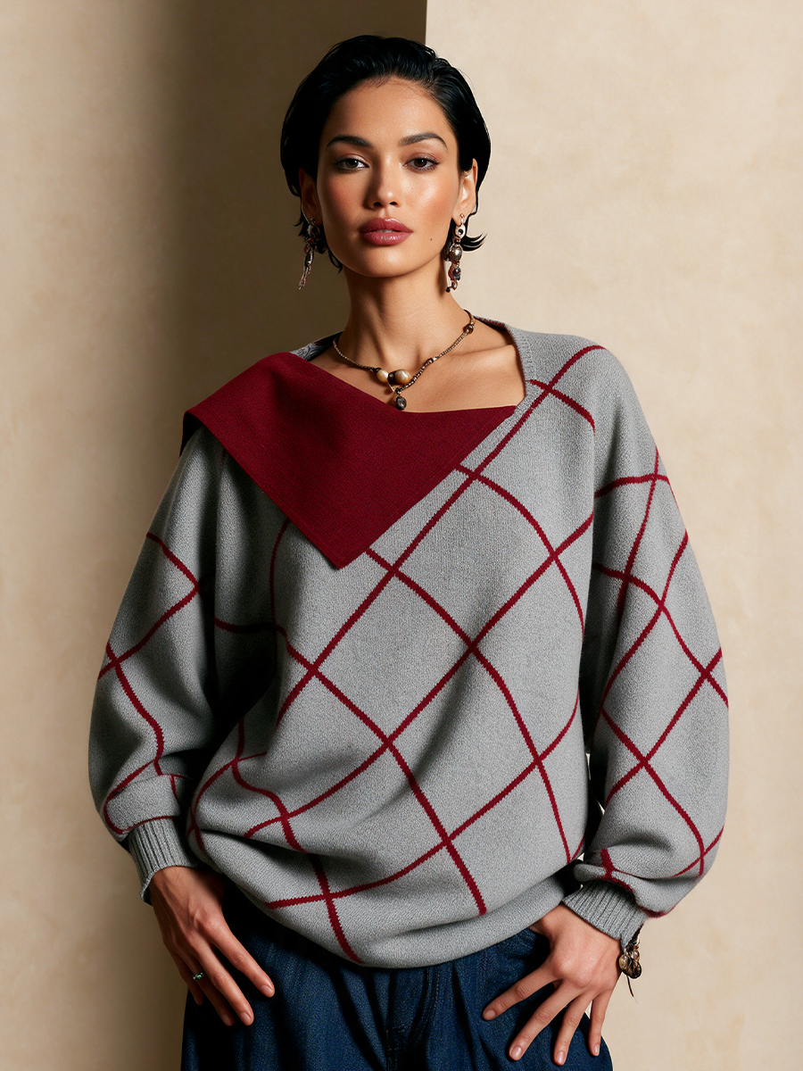 Women's Casual Plaid Irregular Collar Sweater