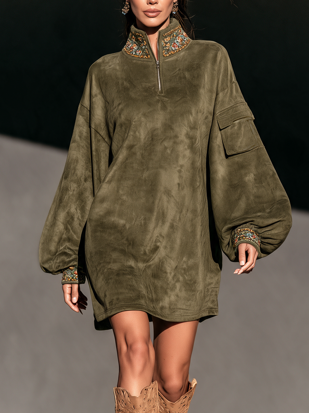 Women's Casual Olive Green Suede Embroidered Long-Sleeve Mini Dress