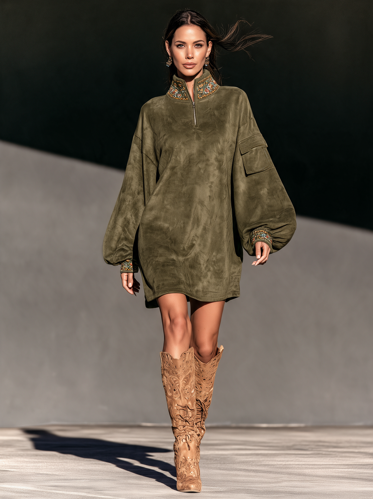 Women's Casual Olive Green Suede Embroidered Long-Sleeve Mini Dress