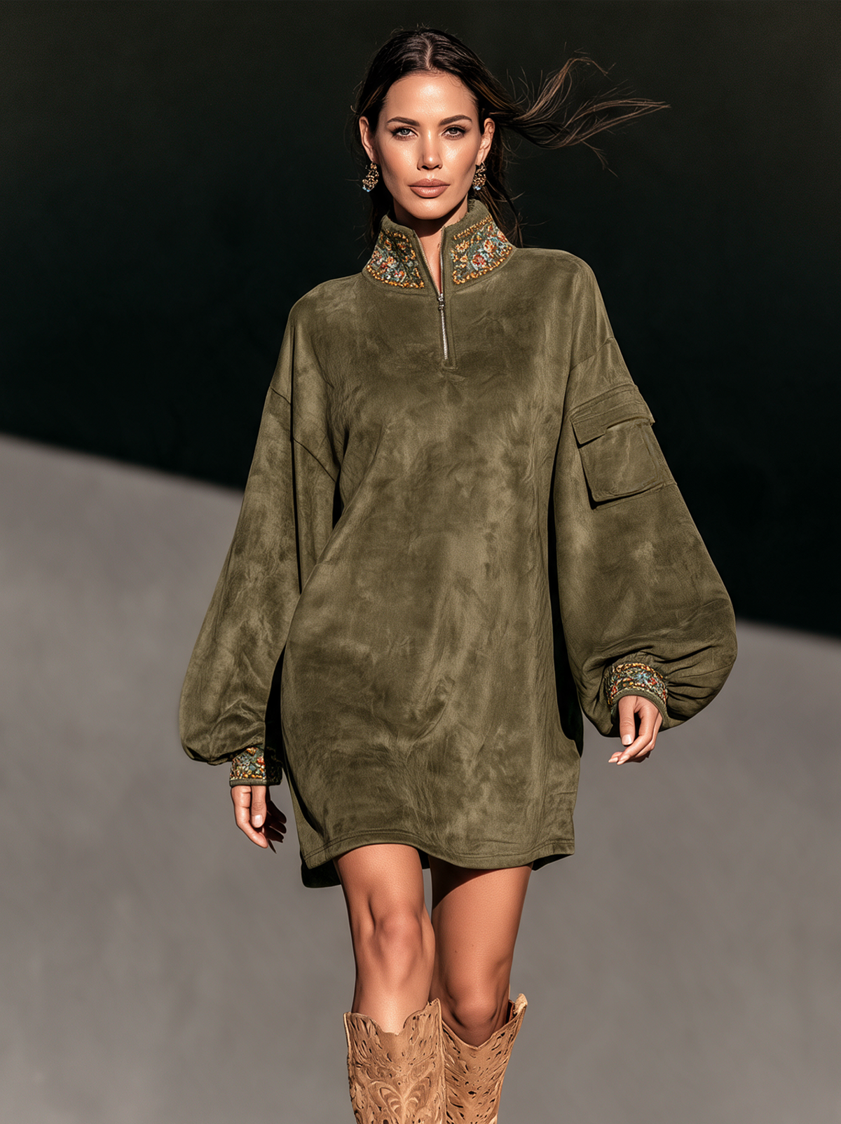 Women's Casual Olive Green Suede Embroidered Long-Sleeve Mini Dress