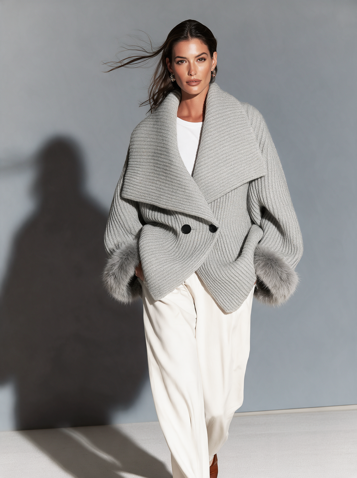 Women's Casual Grey Knit Long-Sleeve Cardigan With Collar