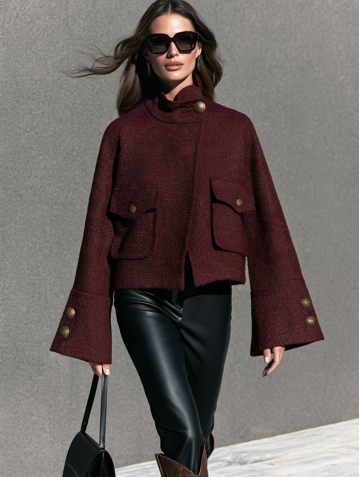 Women's Casual Chanel-style Long-sleeved Tweed Jacket In Dark Red