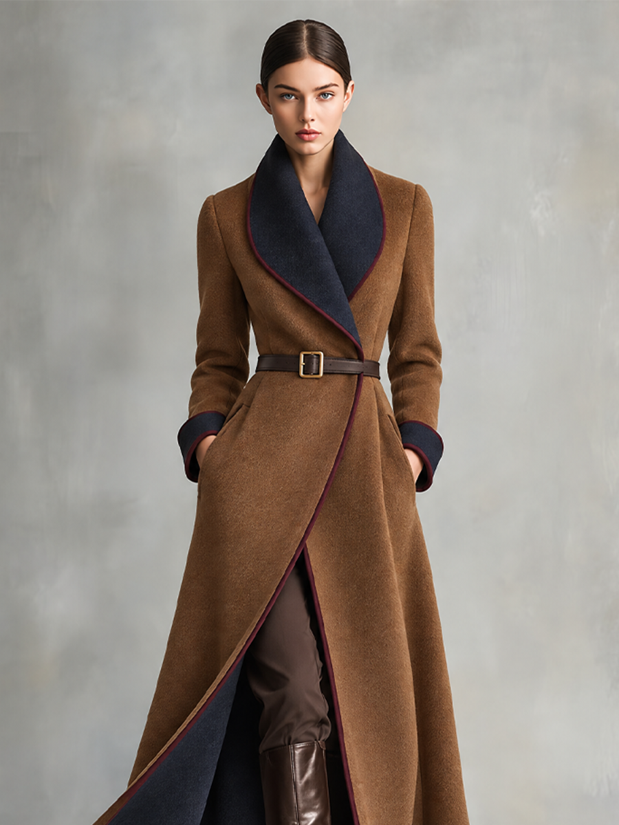 Women's Camel Brown Long Wrap Coat With Navy Contrast Shawl Collar