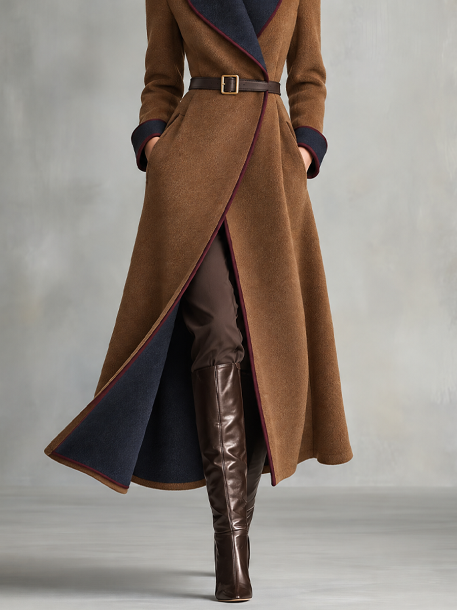 Women's Camel Brown Long Wrap Coat With Navy Contrast Shawl Collar