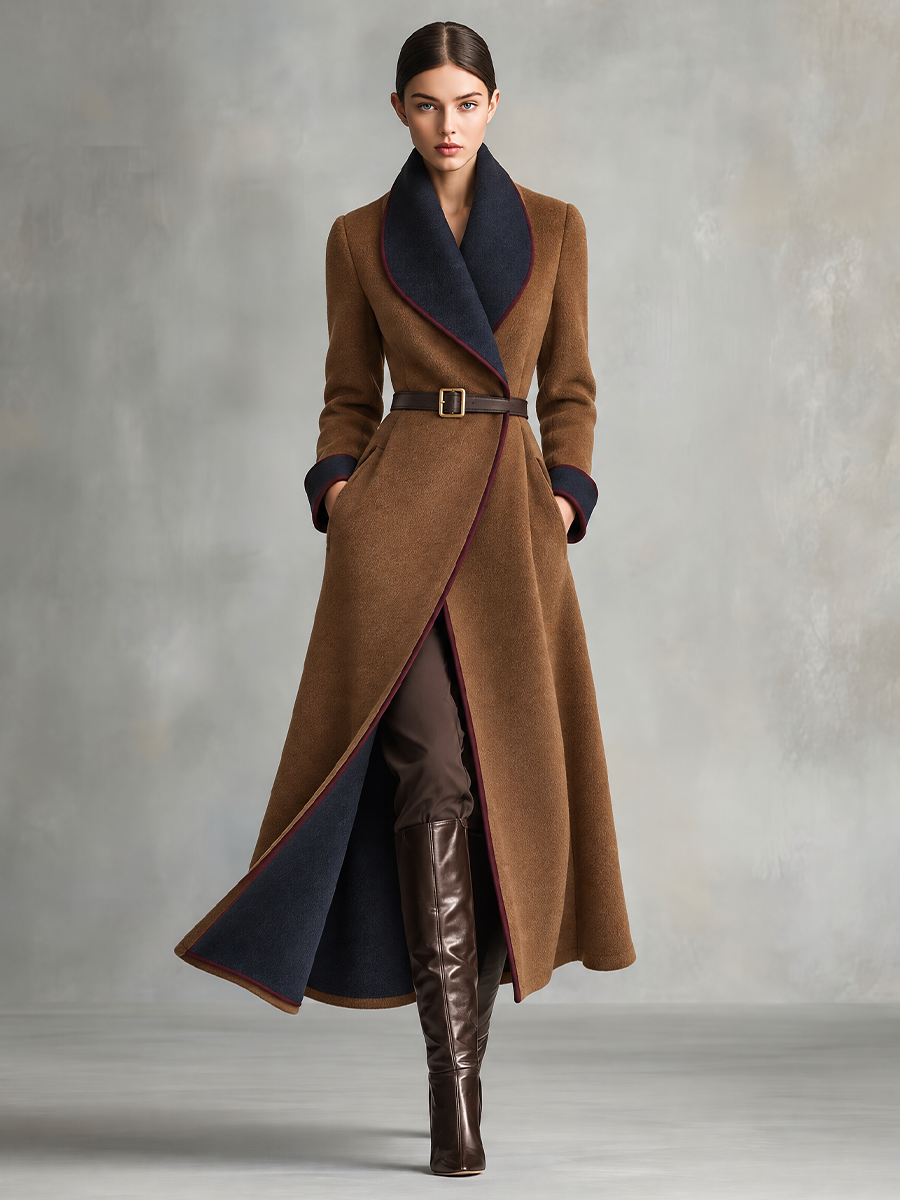 Women's Camel Brown Long Wrap Coat With Navy Contrast Shawl Collar