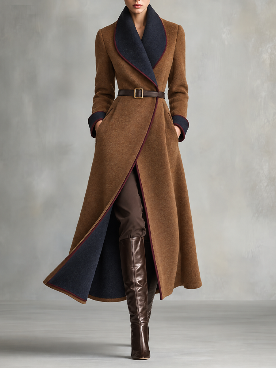 Women's Camel Brown Long Wrap Coat With Navy Contrast Shawl Collar