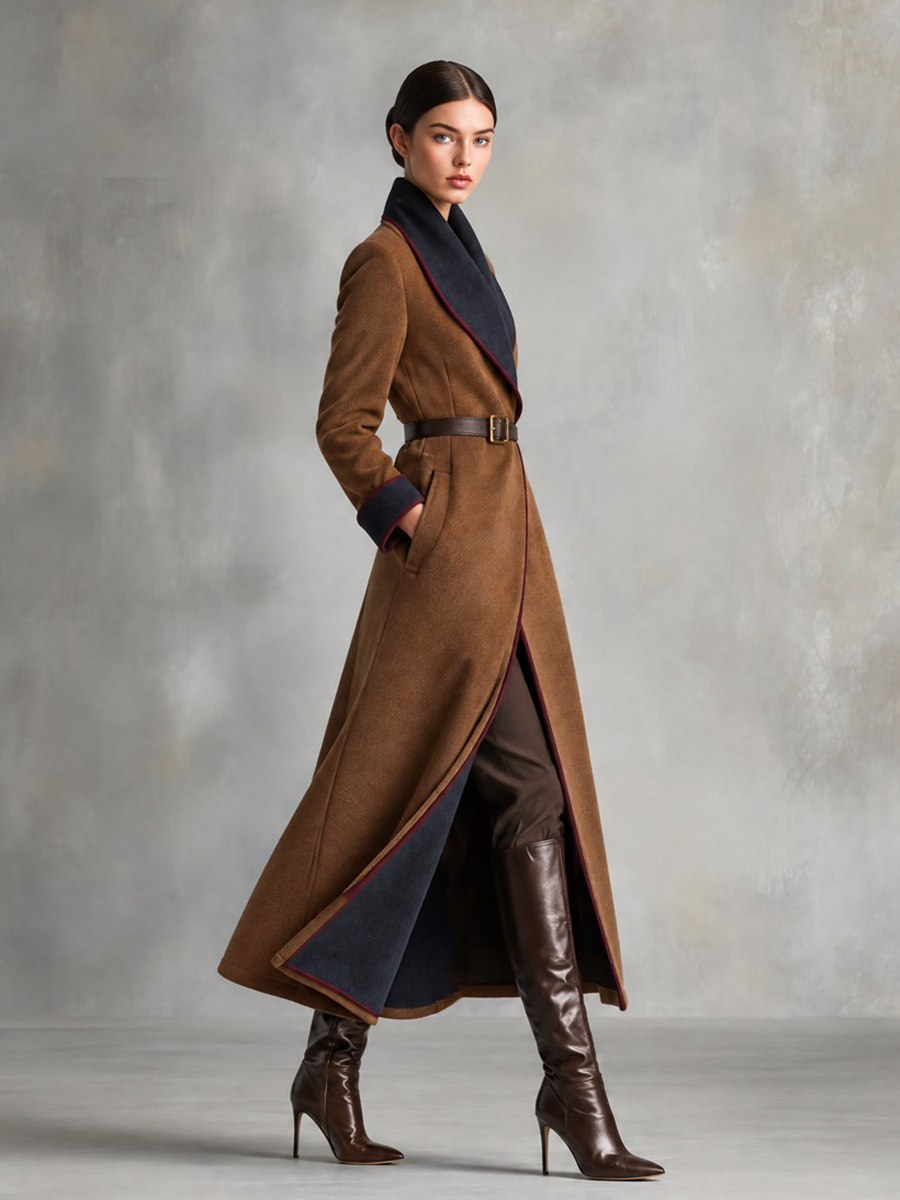 Women's Camel Brown Long Wrap Coat With Navy Contrast Shawl Collar