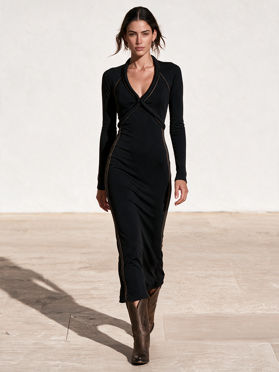Women's Black Long Sleeve Crossover V-Neck Bodycon Midi Dress