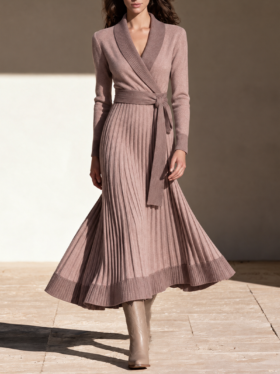 Women's Dusty Rose Shawl Collar Knit Wrap Dress