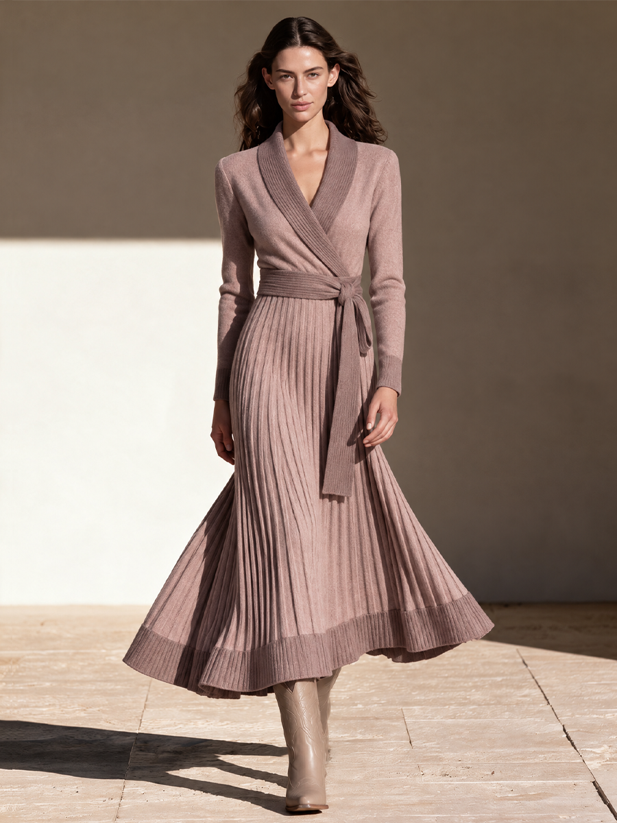 Women's Dusty Rose Shawl Collar Knit Wrap Dress