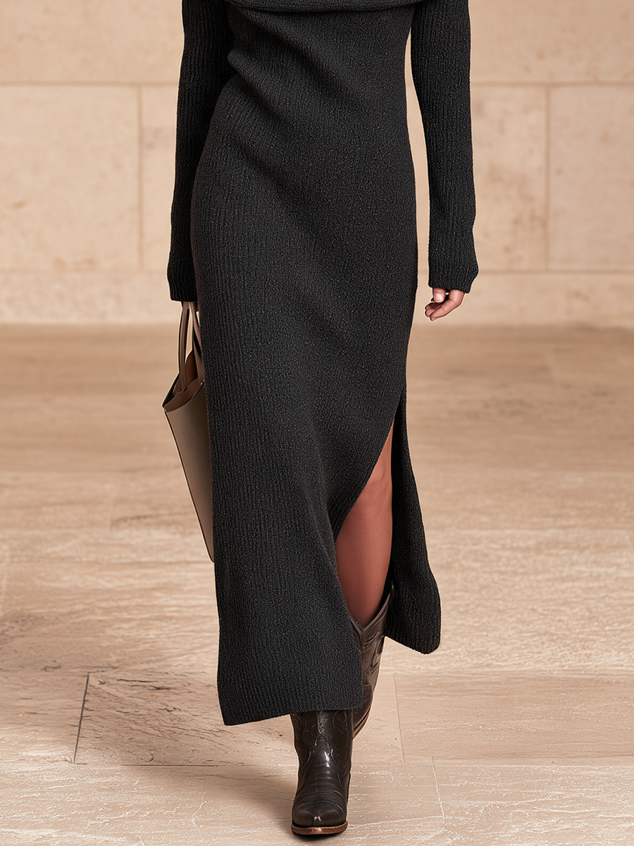 Women's Black Off-Shoulder Fold-Over Collar Ribbed Knit Maxi Dress