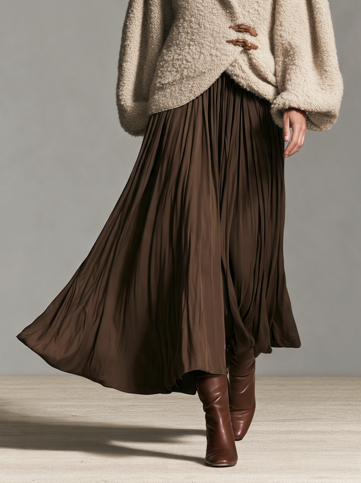 Women's Casual Dark Brown Satin Midi Skirt