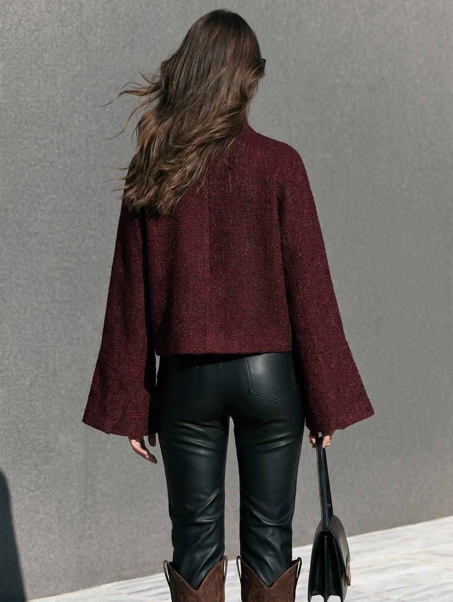 Women's Casual Chanel-style Long-sleeved Tweed Jacket In Dark Red
