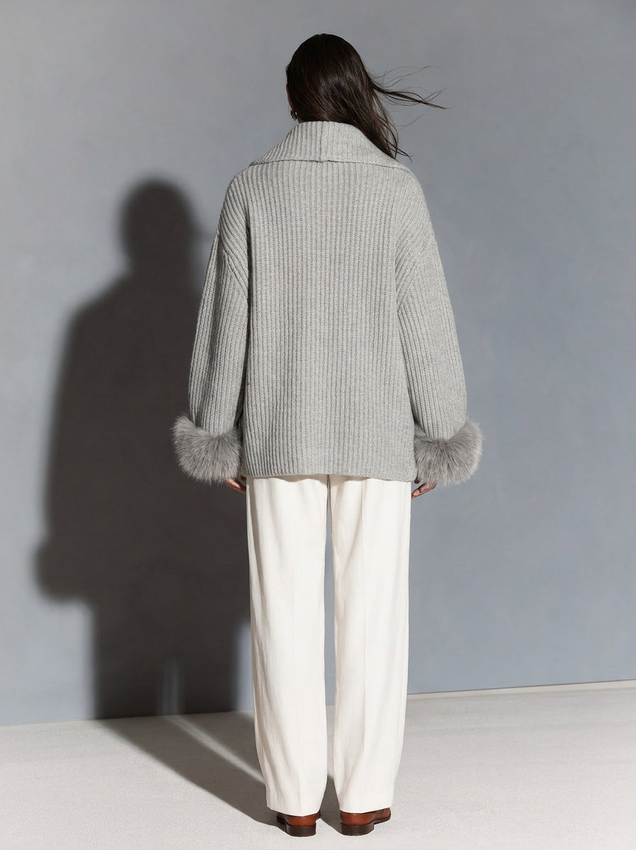 Women's Casual Grey Knit Long-Sleeve Cardigan With Collar