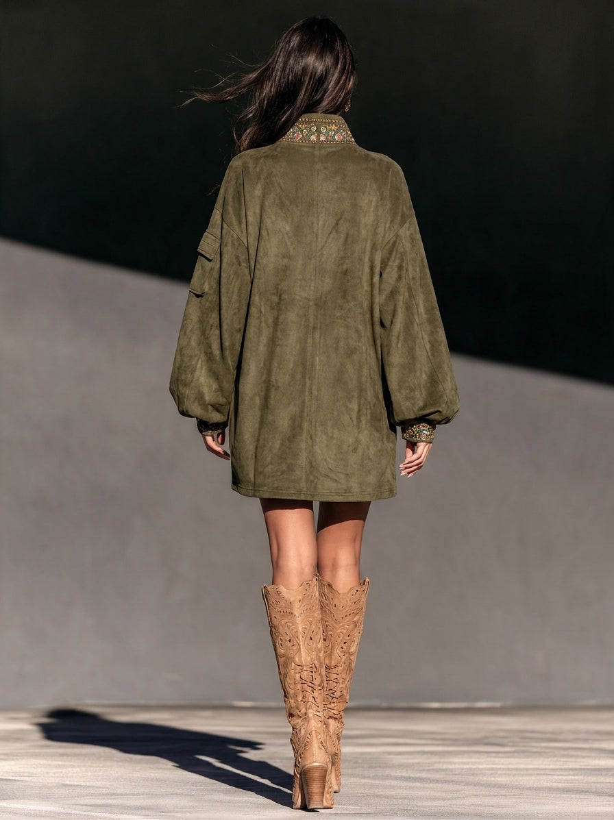 Women's Casual Olive Green Suede Embroidered Long-Sleeve Mini Dress