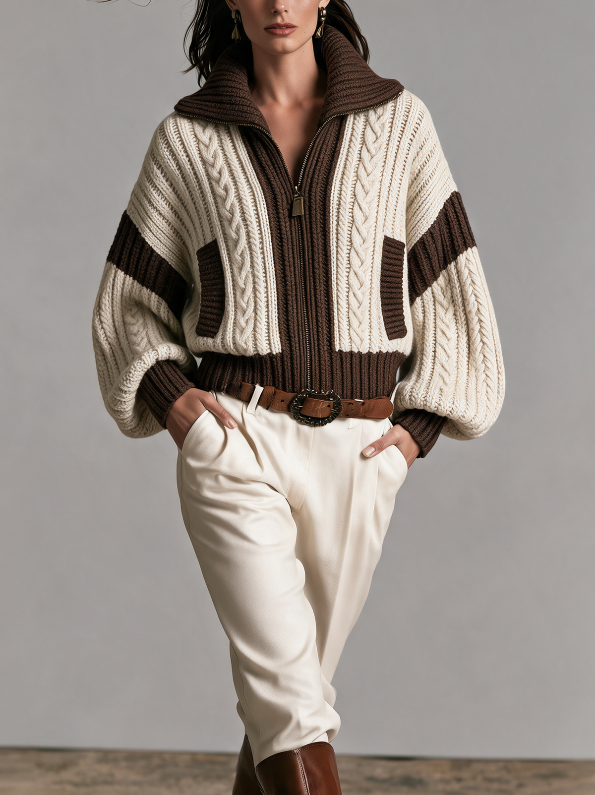 Women's Casual Long-sleeve Knit Coat In Beige And Brown.