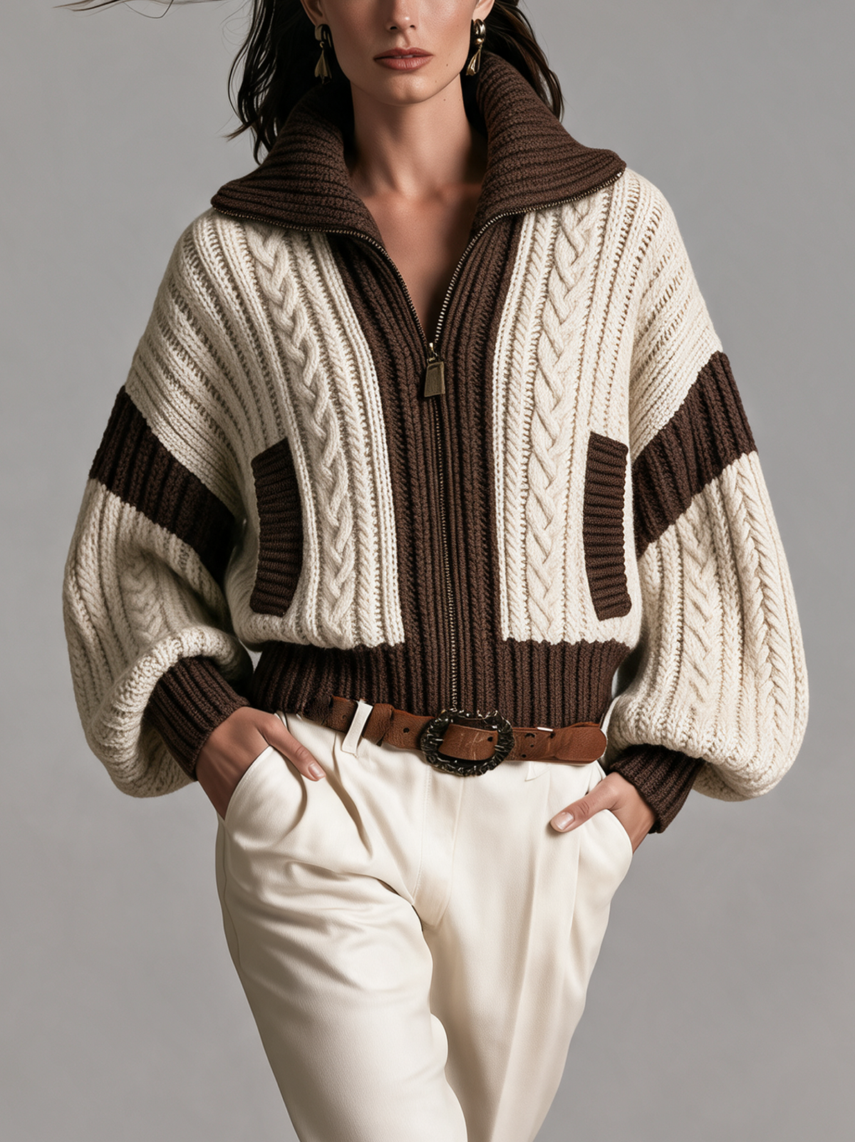 Women's Casual Long-sleeve Knit Coat In Beige And Brown.