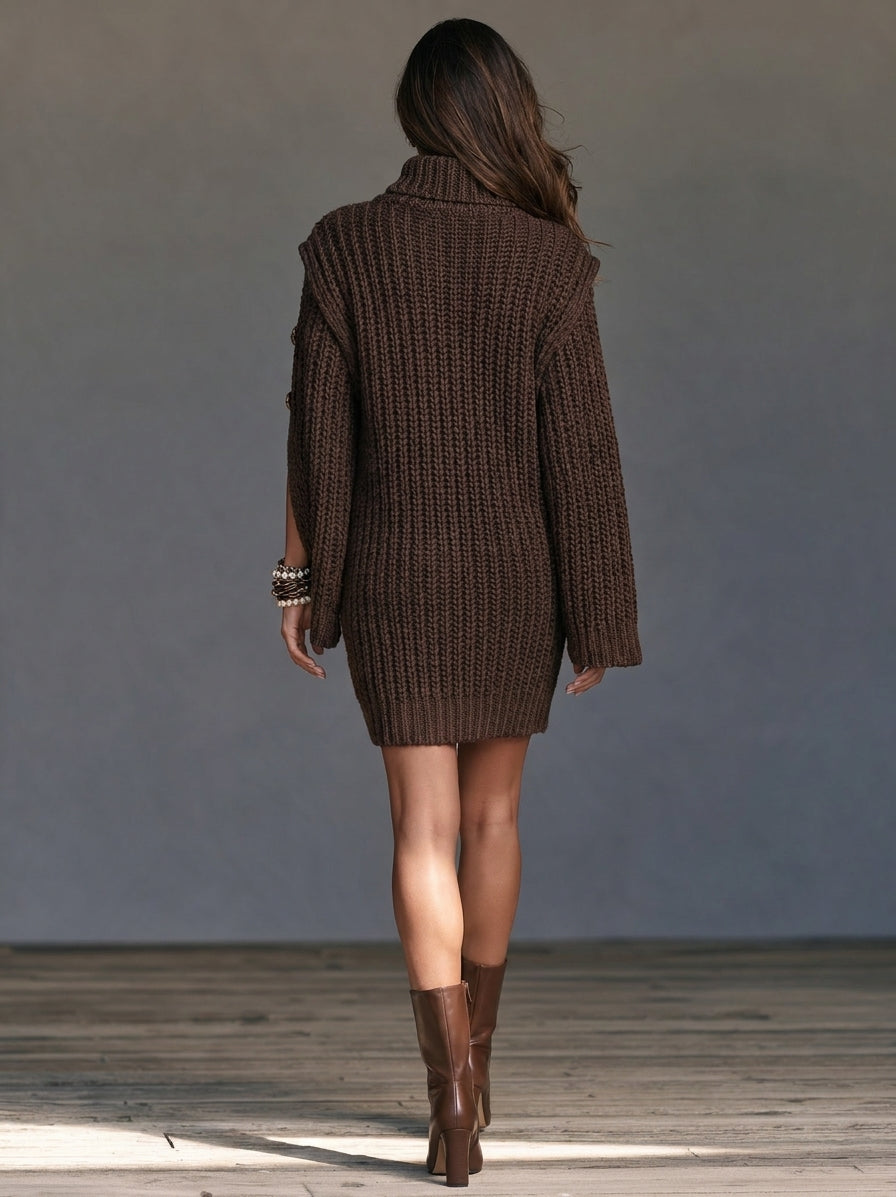 Women's Casual Brown Long-sleeve Turtleneck Knit Mini Dress