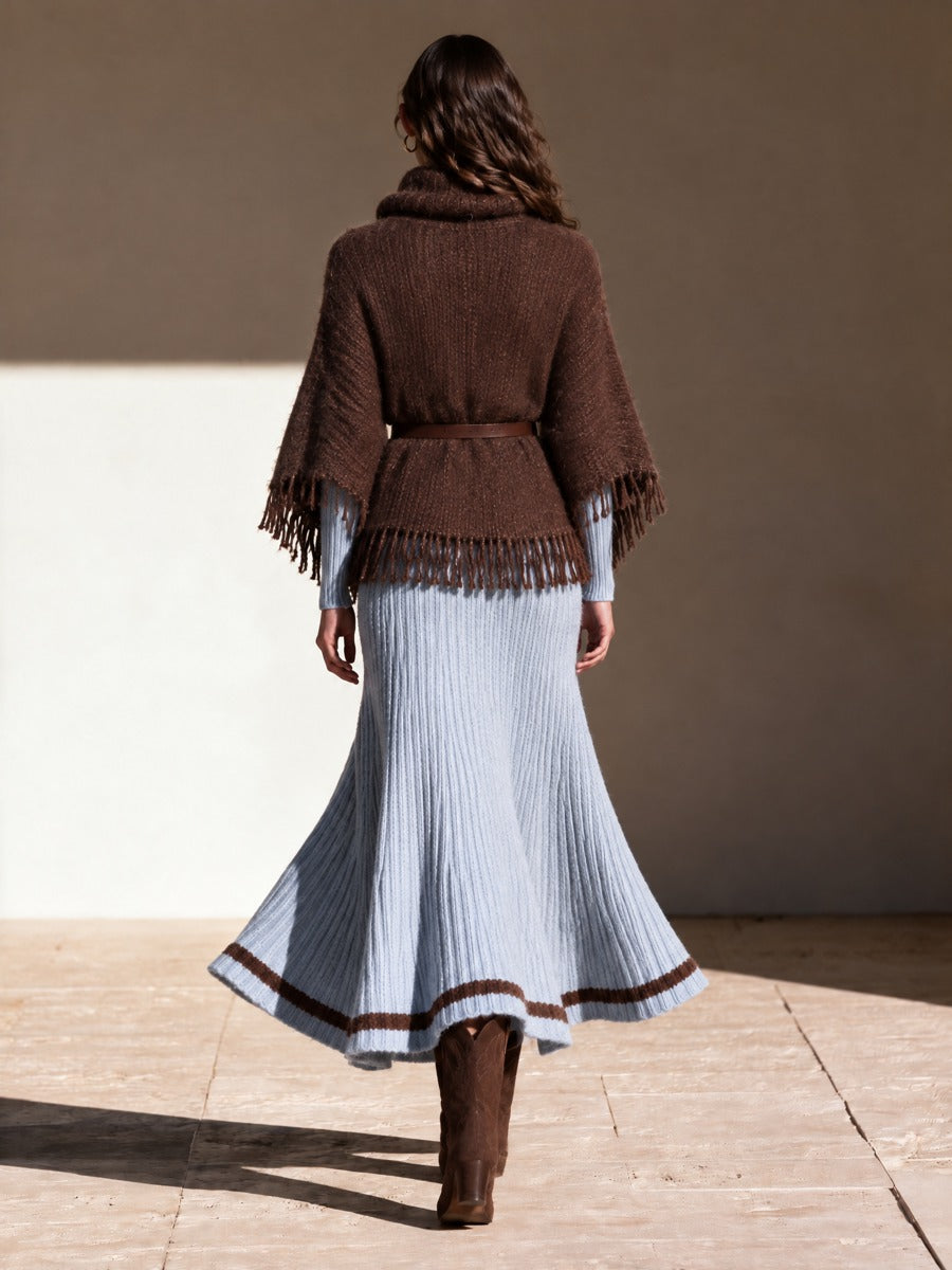 Women's Chocolate Brown Chunky Knit Cowl Neck Fringe Poncho Sweater