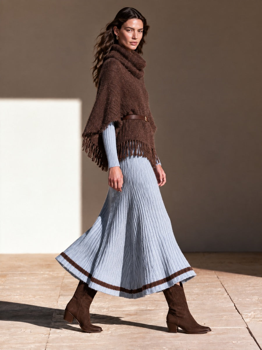 Women's Chocolate Brown Chunky Knit Cowl Neck Fringe Poncho Sweater