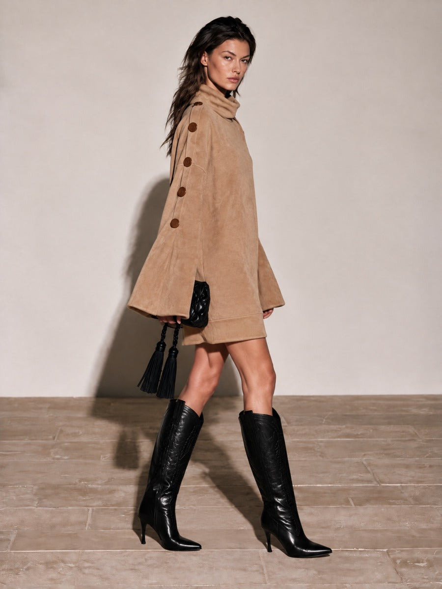Women's Camel Faux Suede Turtleneck Mini Dress
