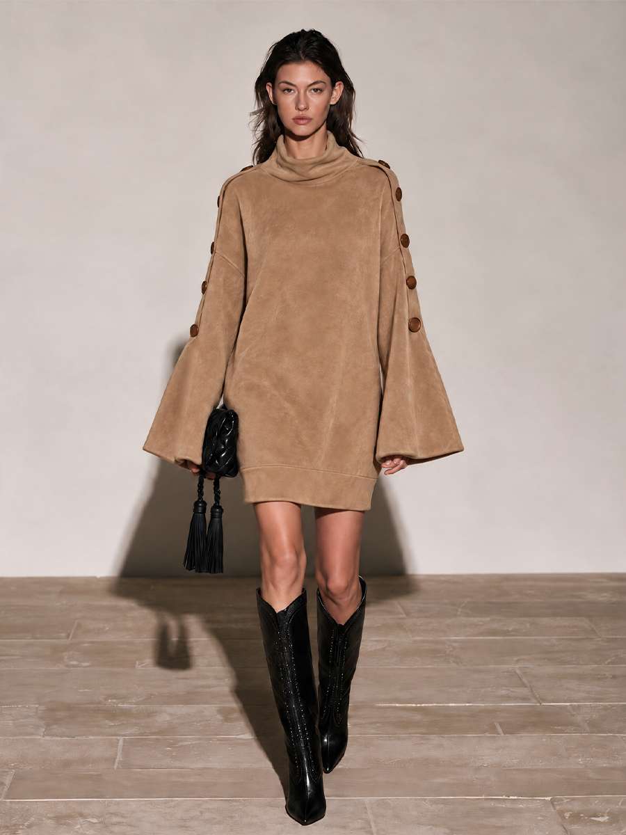 Women's Camel Faux Suede Turtleneck Mini Dress