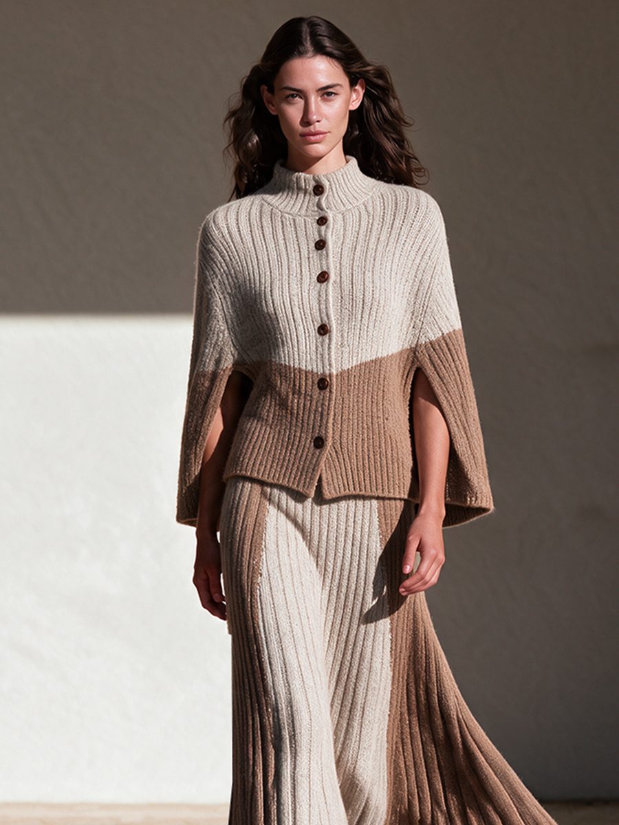 Women's Cream & Camel Colorblock Rib Knit Two-Piece Set