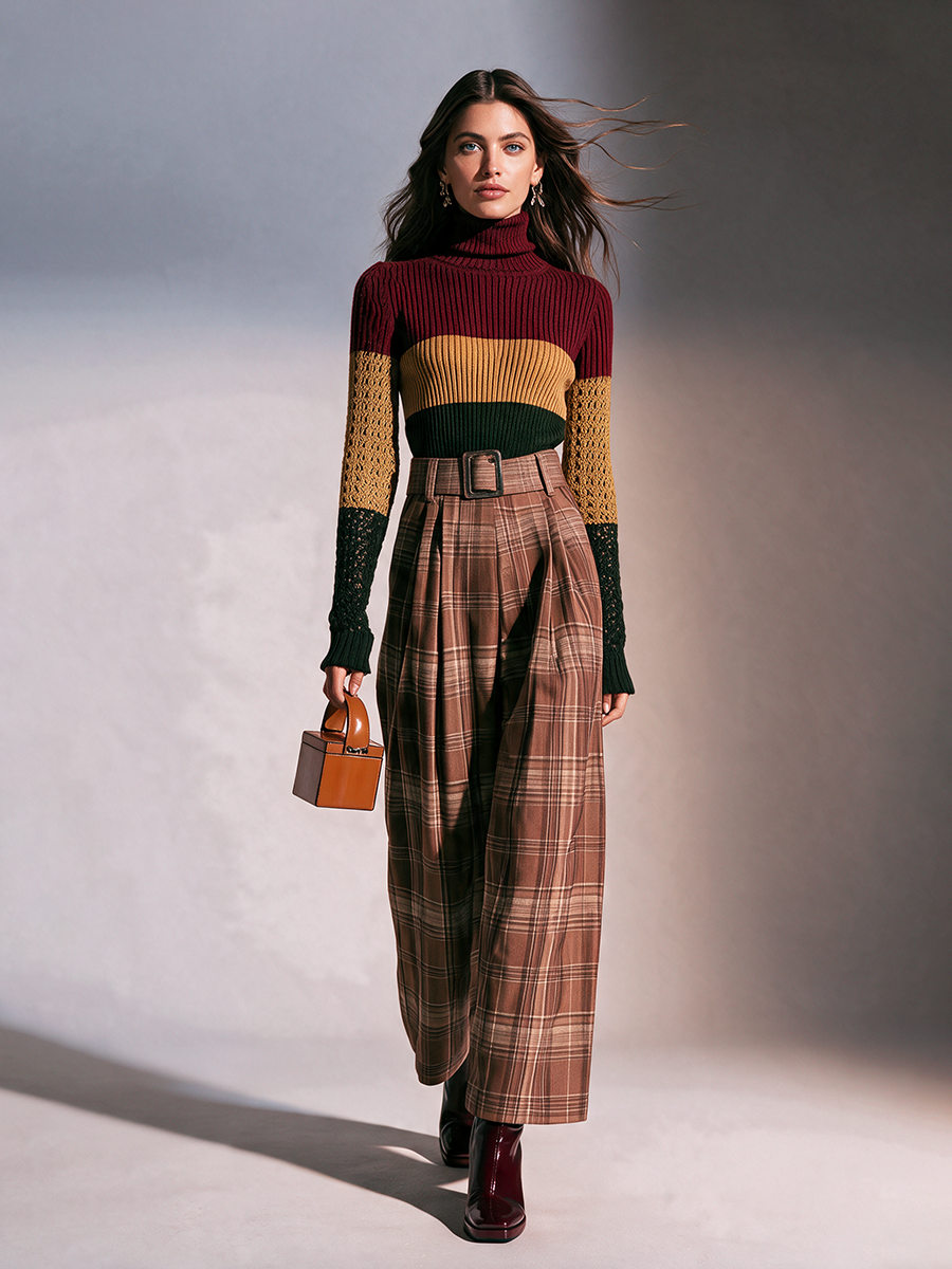 Women's Brown Plaid High-Waisted Belted Pleated Wide-Leg Trousers