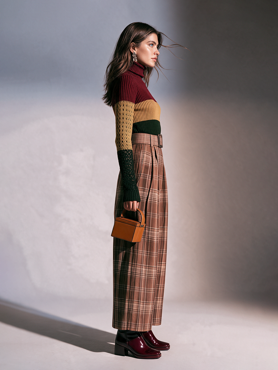 Women's Brown Plaid High-Waisted Belted Pleated Wide-Leg Trousers