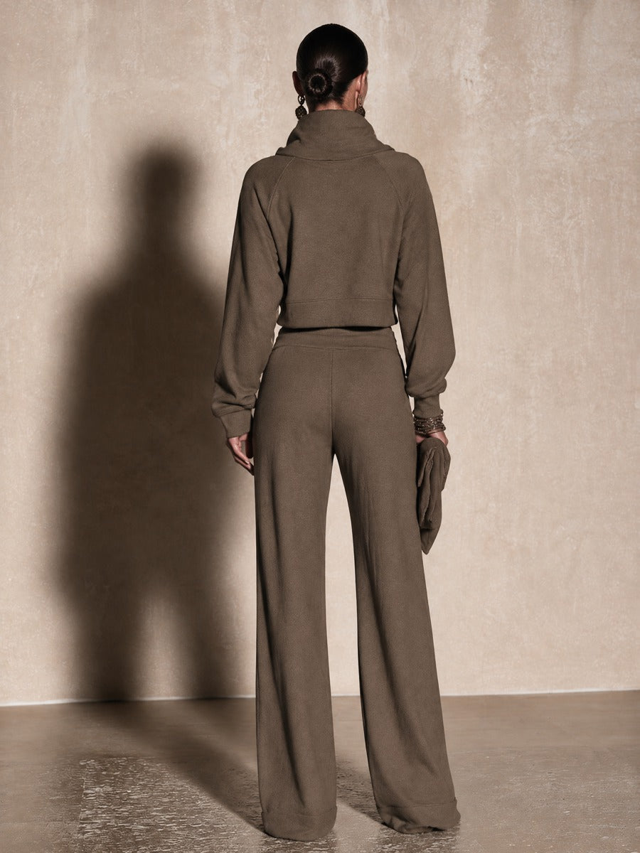 Women's Double-Breasted Detail Casual Cowl Neck Top And Wide-Leg Pants Set