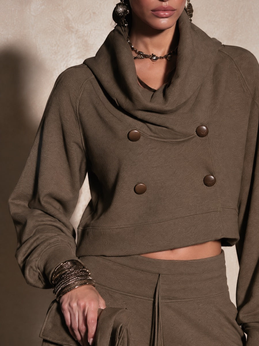 Women's Double-Breasted Detail Casual Cowl Neck Top And Wide-Leg Pants Set