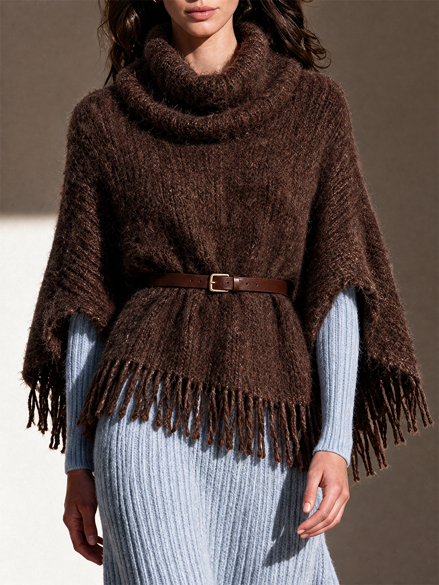 Women's Chocolate Brown Chunky Knit Cowl Neck Fringe Poncho Sweater