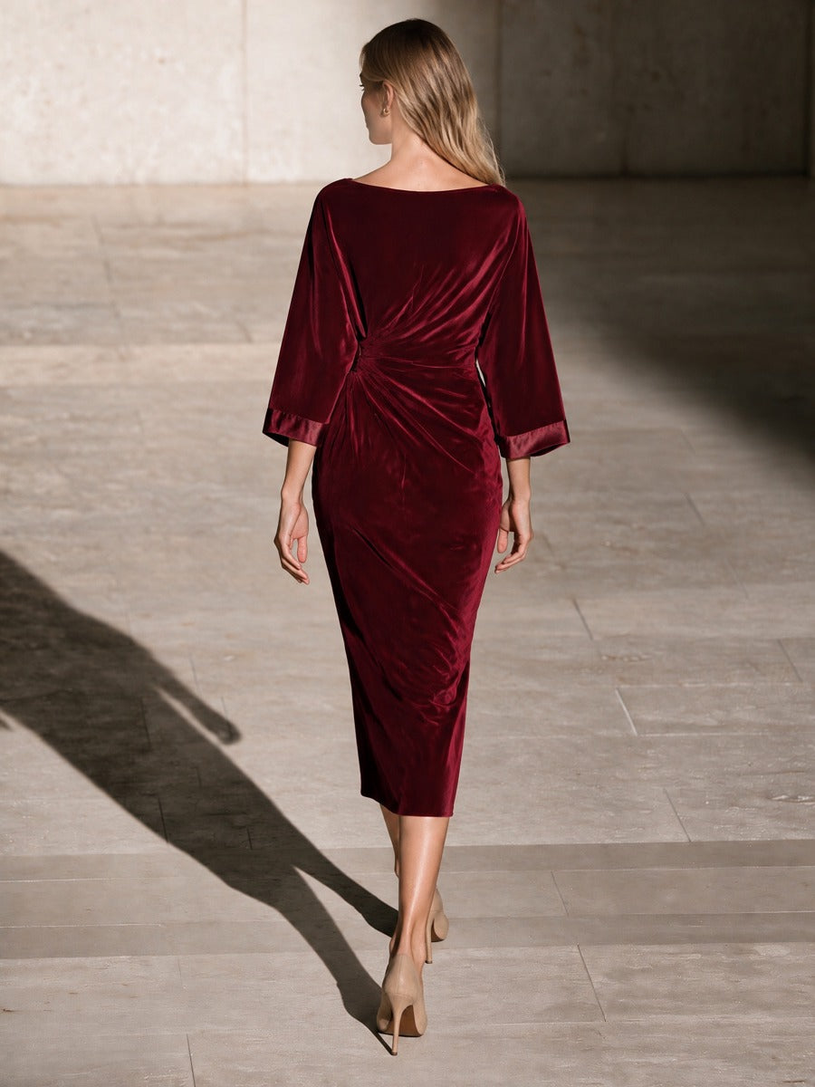 Women's Burgundy Velvet Draped Midi Dress
