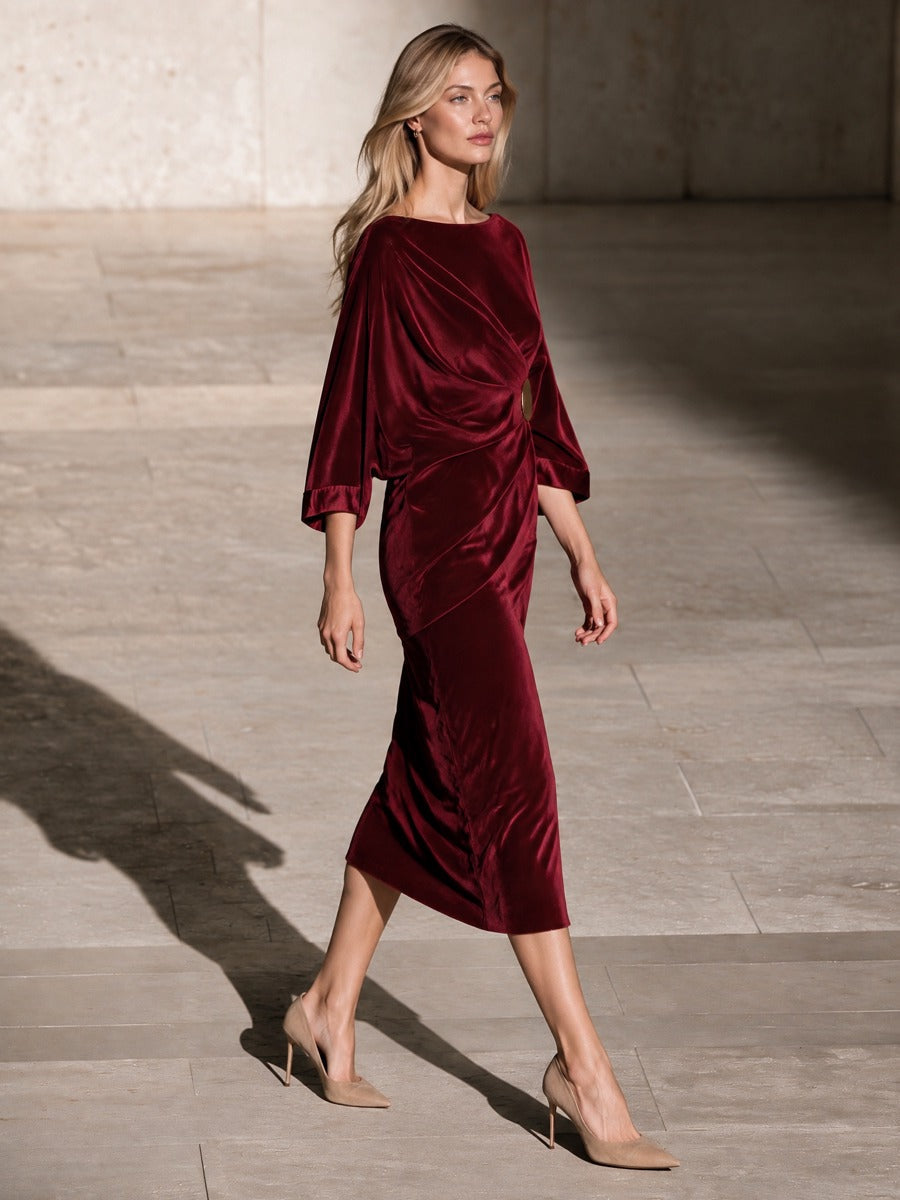 Women's Burgundy Velvet Draped Midi Dress