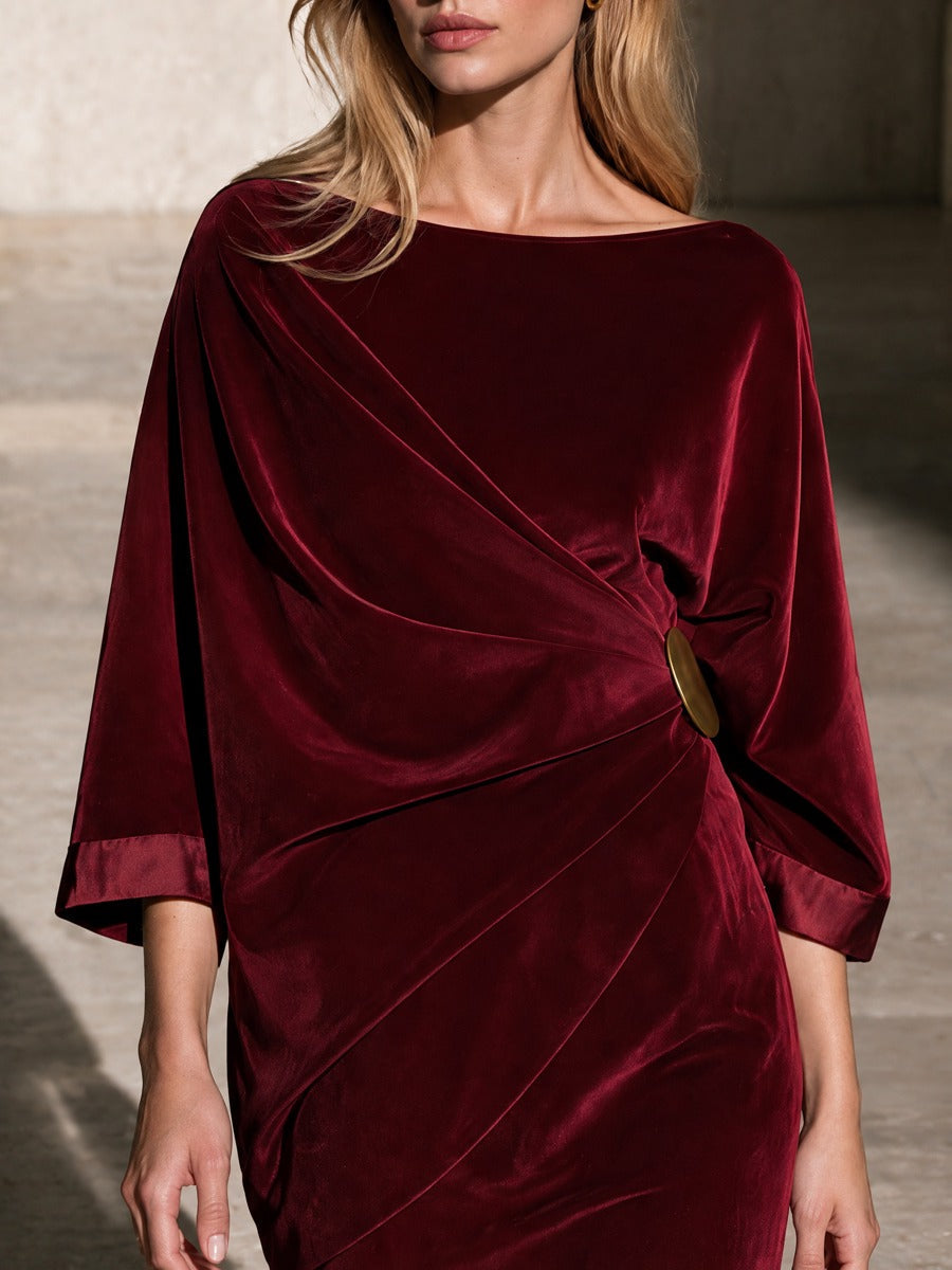 Women's Burgundy Velvet Draped Midi Dress