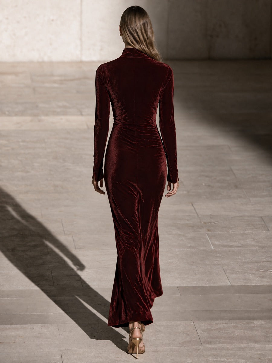 Women's Burgundy Velvet Mandarin Collar Keyhole Jumpsuit