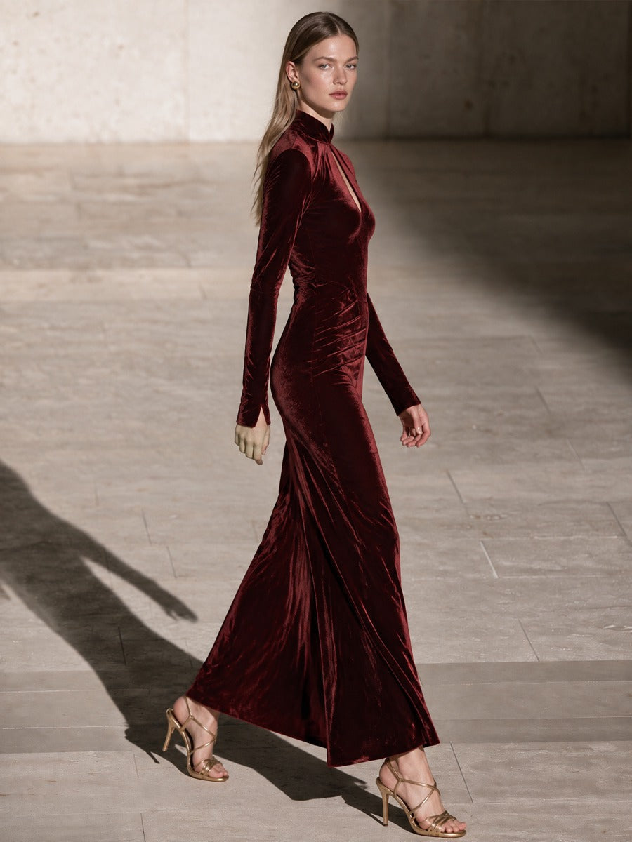 Women's Burgundy Velvet Mandarin Collar Keyhole Jumpsuit