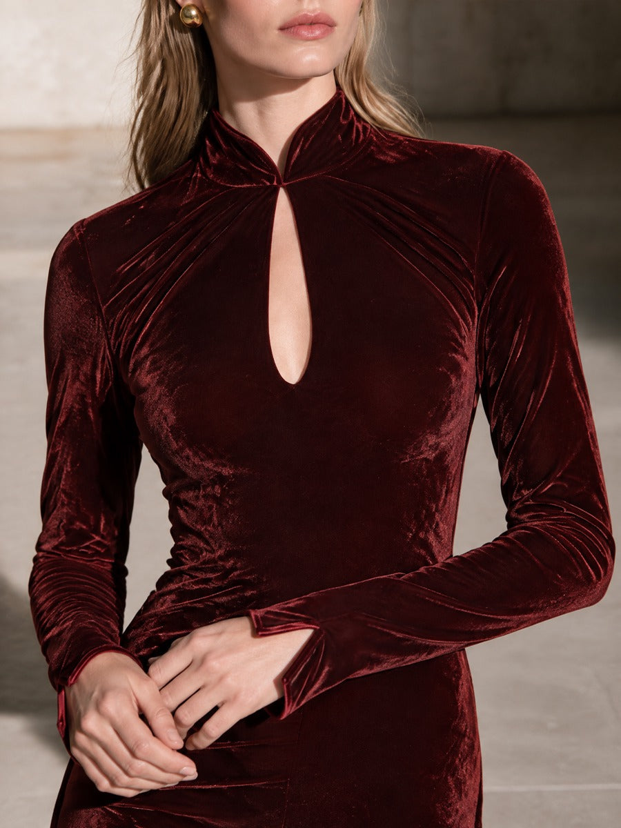 Women's Burgundy Velvet Mandarin Collar Keyhole Jumpsuit