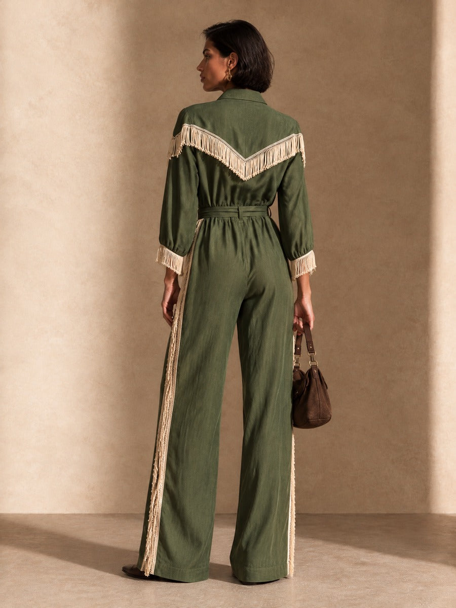 Women's Contrast Fringe Western Collared Wide-Leg Jumpsuit