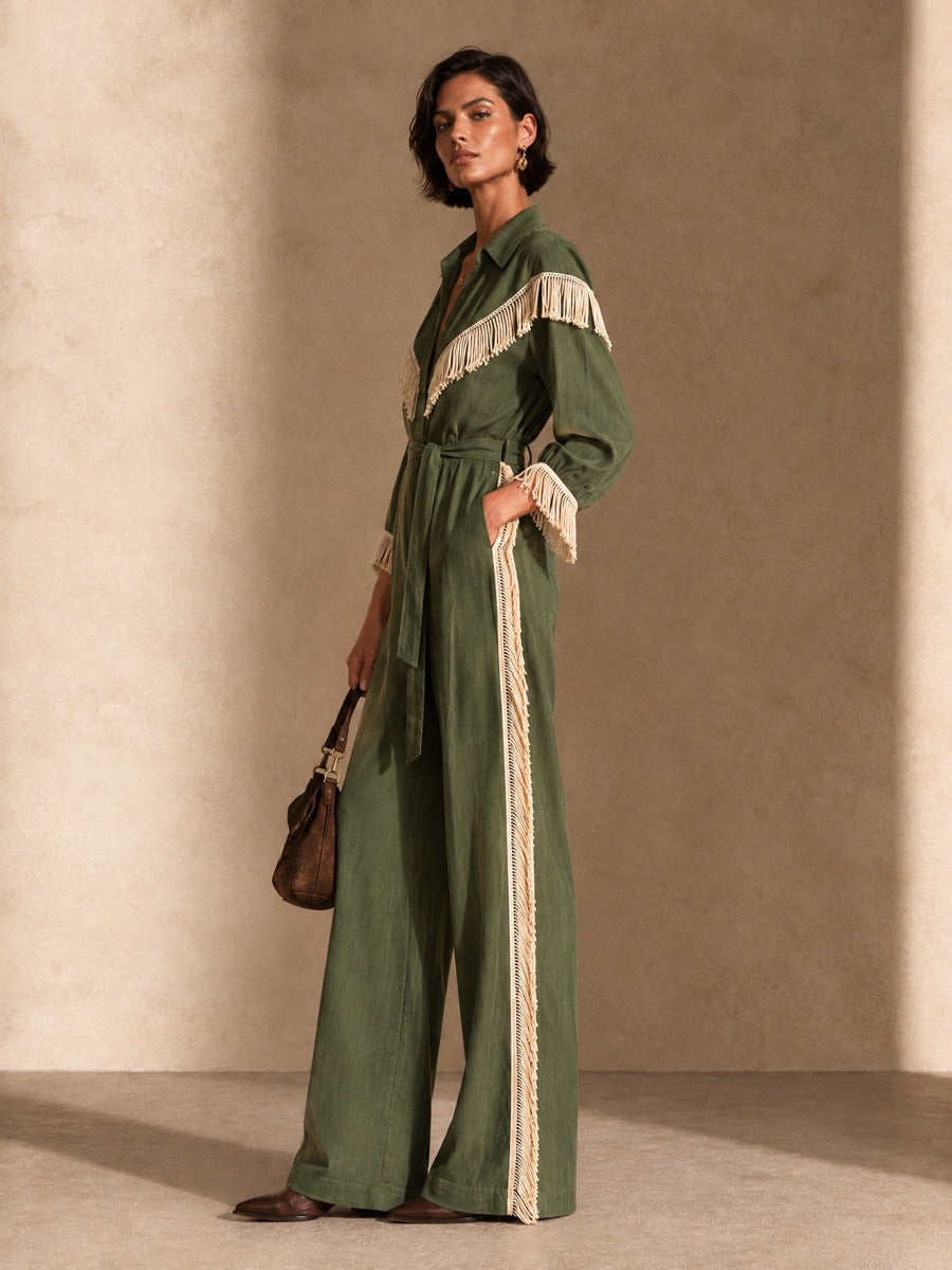 Women's Contrast Fringe Western Collared Wide-Leg Jumpsuit