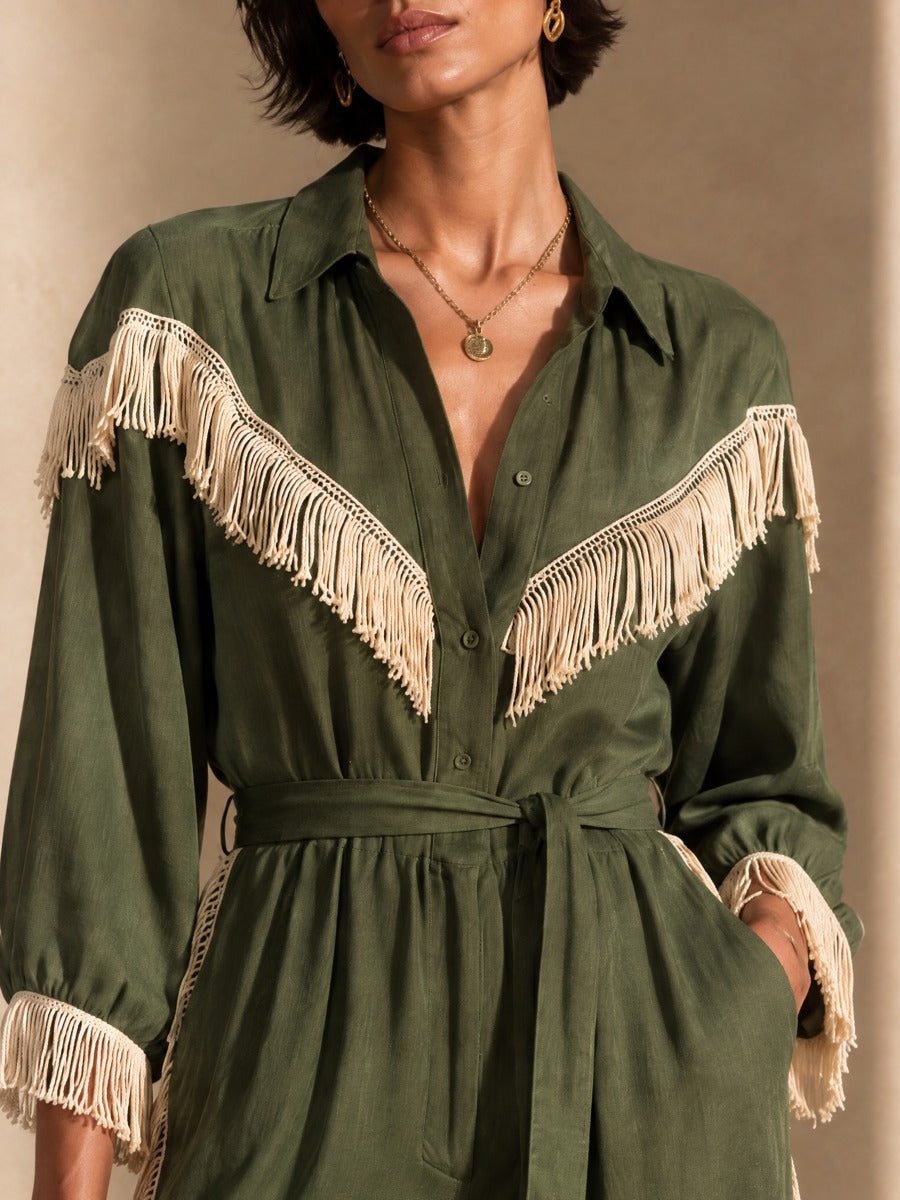 Women's Contrast Fringe Western Collared Wide-Leg Jumpsuit